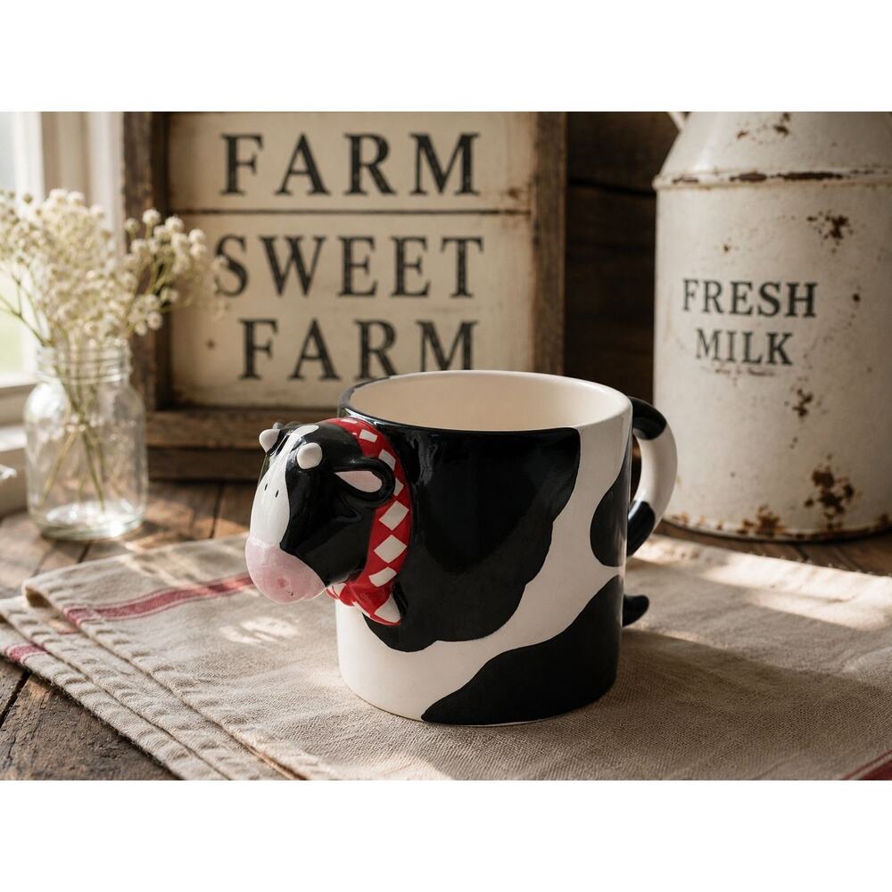Russ Berrie Cow Mug 3D Ceramic Farmhouse Coffee Cup Red Bandana Cute 12 oz